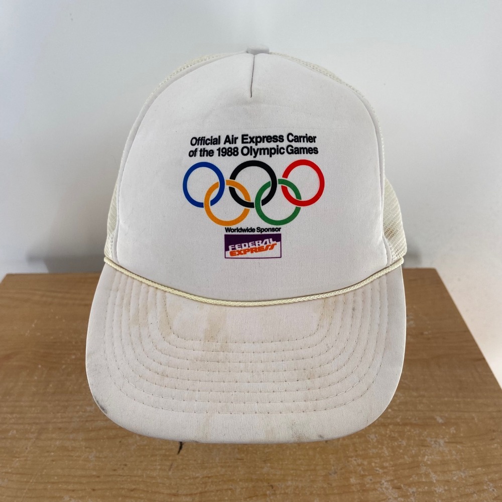 Vintage 1988 Olympic Games Federal Express FedEx Trucker Hat White By George USA